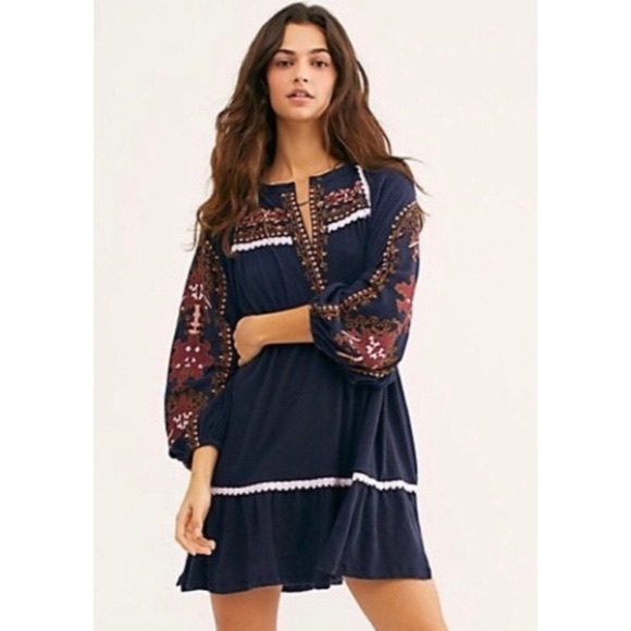 Free People Dresses & Skirts - Free People Embroidered Tunic Dress Navy Blue